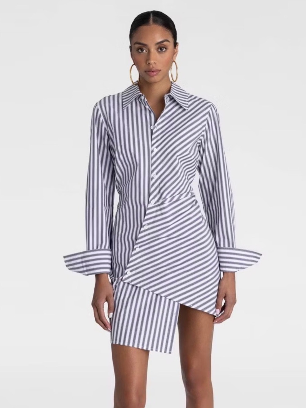 KBB by Kahlana Gray White Striped Asymmetrical Deconstructed Shirt Dress Small